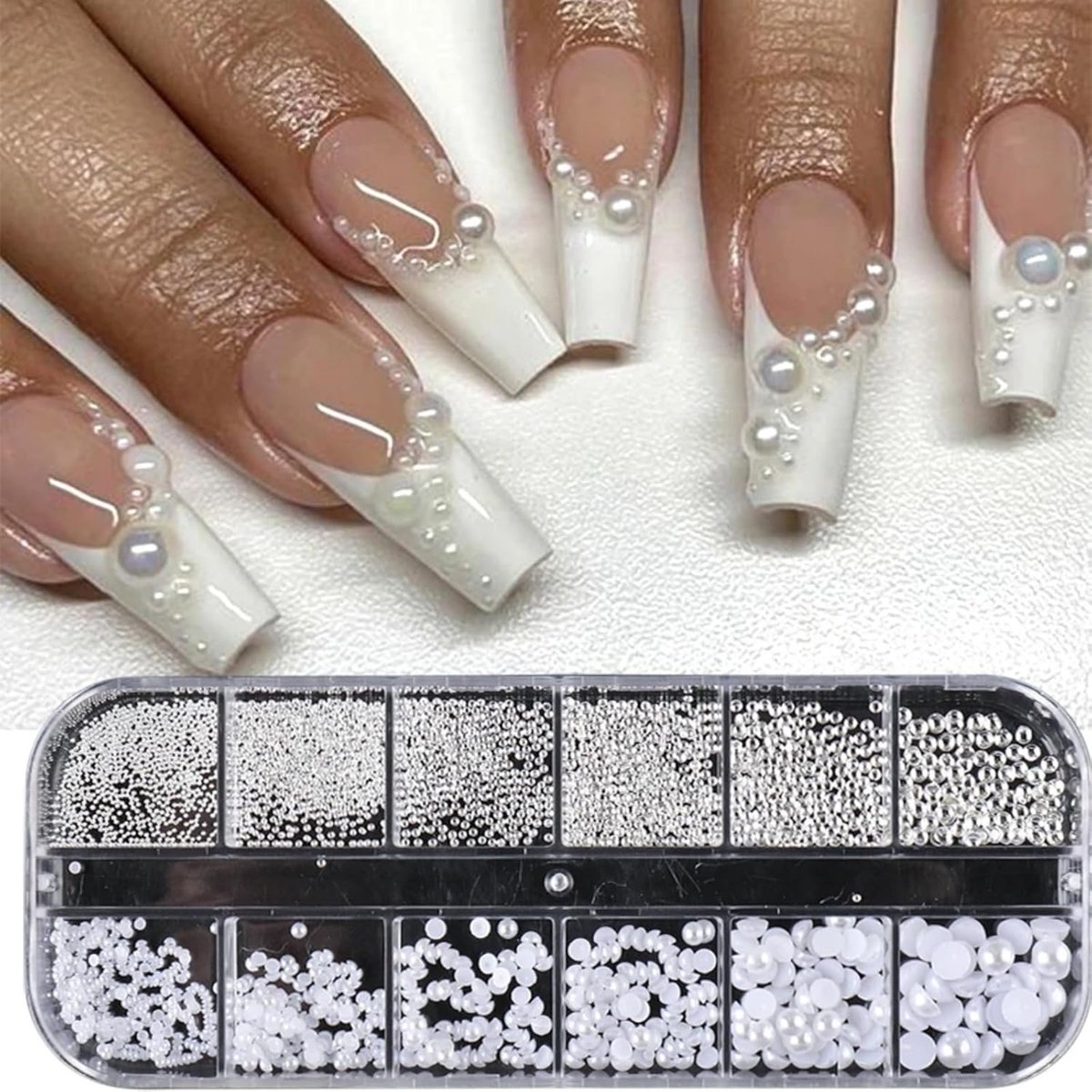 SnelShoppen - Nail Art Rhinestones Beads 12 Grids Wit - Nail Design Accessoires met Parels voor Gel Nagels, Decoratie, Feest, Elegant