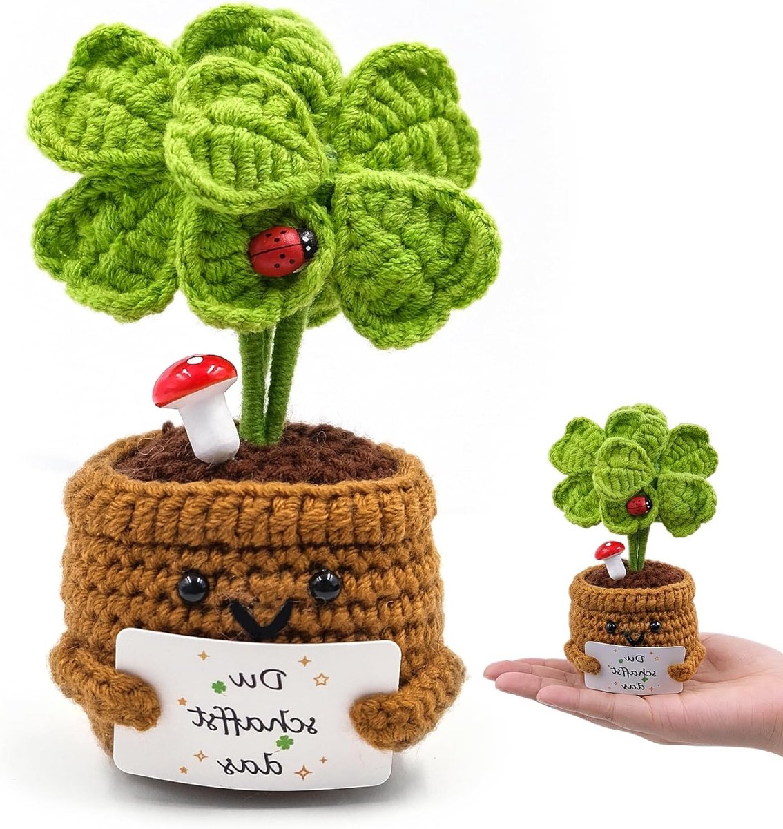 Gebreid klavertje vier, gehaakte bloem en zakknuffel als positief aanmoedigingscadeau, klein bedankje en adventskalender voor geluk en vreugde