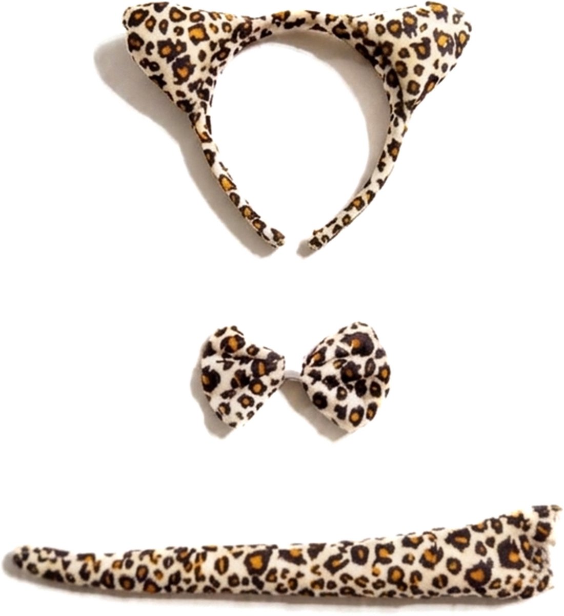 KIMU® Luipaard Haarband Oren, Strik & Staart Diadeem Set - Wit Bruin Zacht Panterpak Dierenpak Oortjes - Cheetah Strikje Staartje Festival