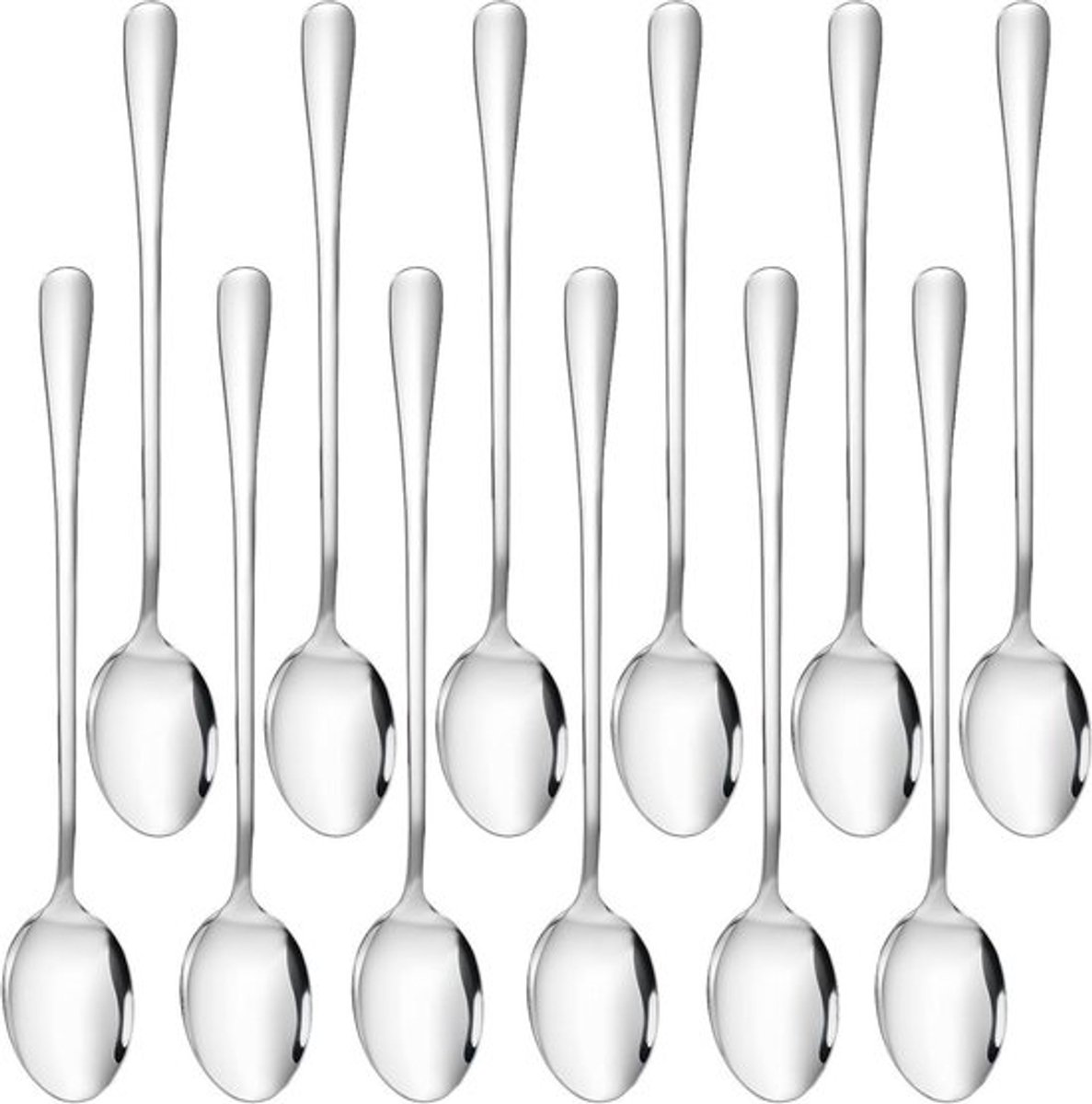 Set van 12 roestvrijstalen lepels met lange steel, geschikt voor koffie, thee, cocktails, desserts, chocolademelk en milkshakes, 20 cm.