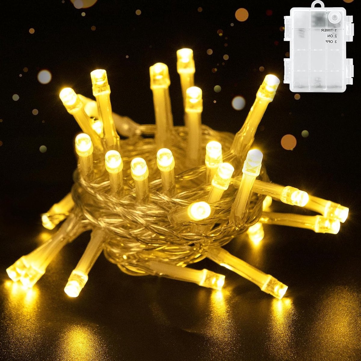 LED Sfeerverlichting met Timer, 2 m, 20 Warm Witte LEDs, Waterdicht en Batterijvoeding voor Kerst, Tuin en Binnengebruik