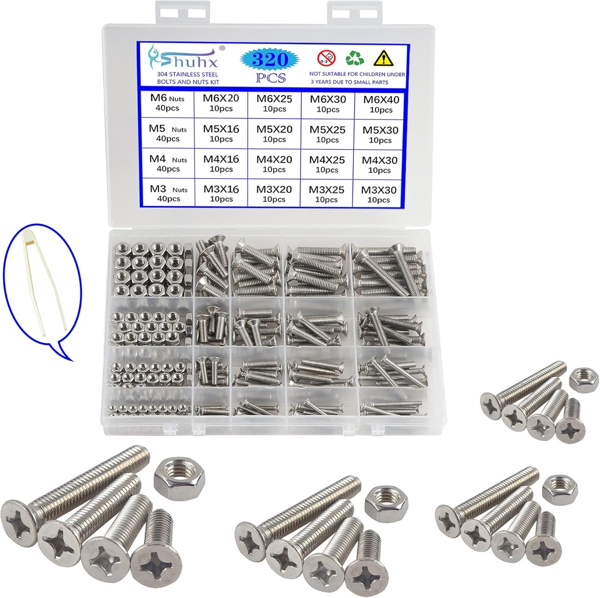 SnelShoppen - 320PCS M3 M4 M5 M6 RVS Machine Schroeven Bouten en Moeren Set met Platte Kop Phillips voor Meubel Reparatie en Constructie