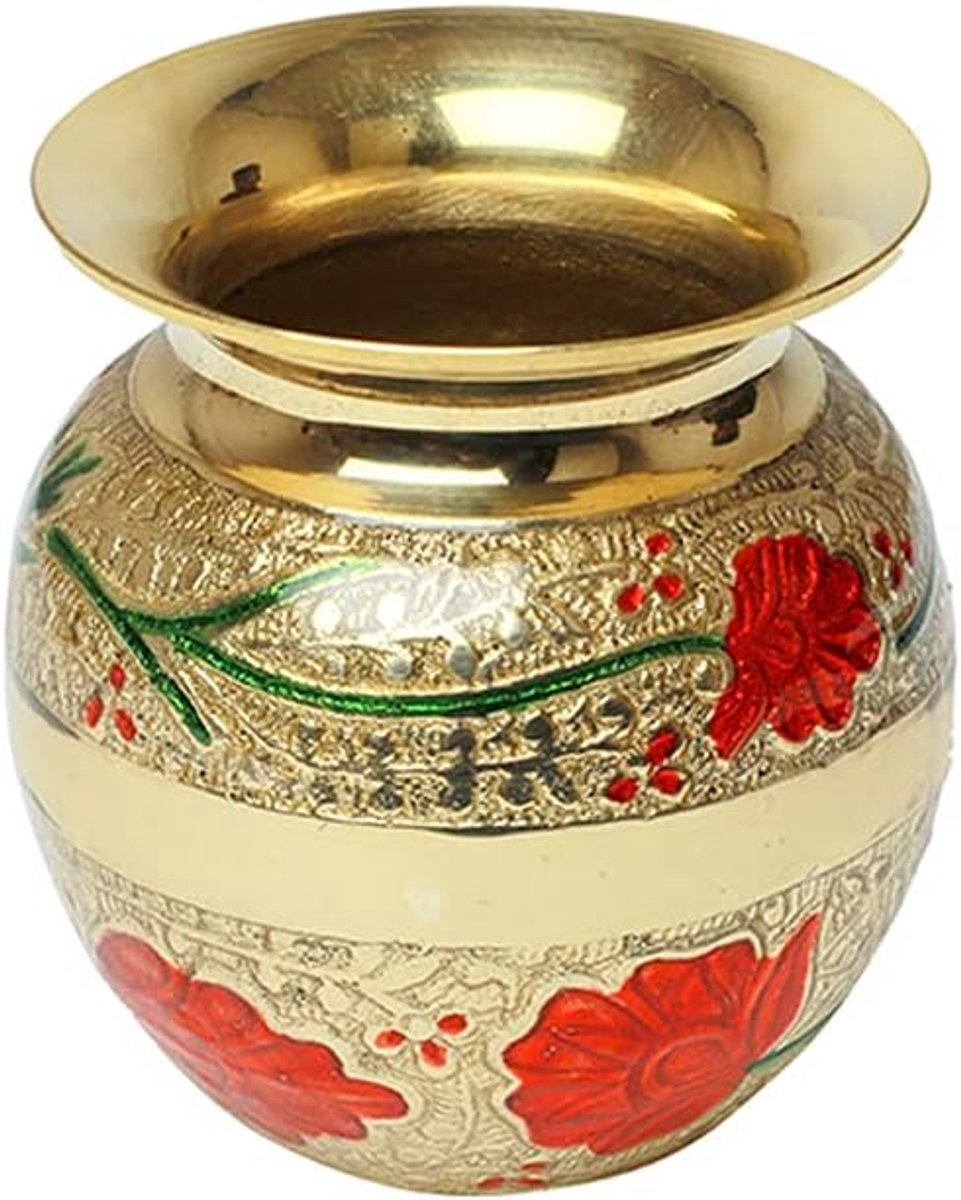 SnelShoppen - Kleine Messing Kalash met Minakari Werk Lota Pot - Drinkware voor Pooja Puja - Traditionele Indiase Festival Decoratie - Gouden Kleur -