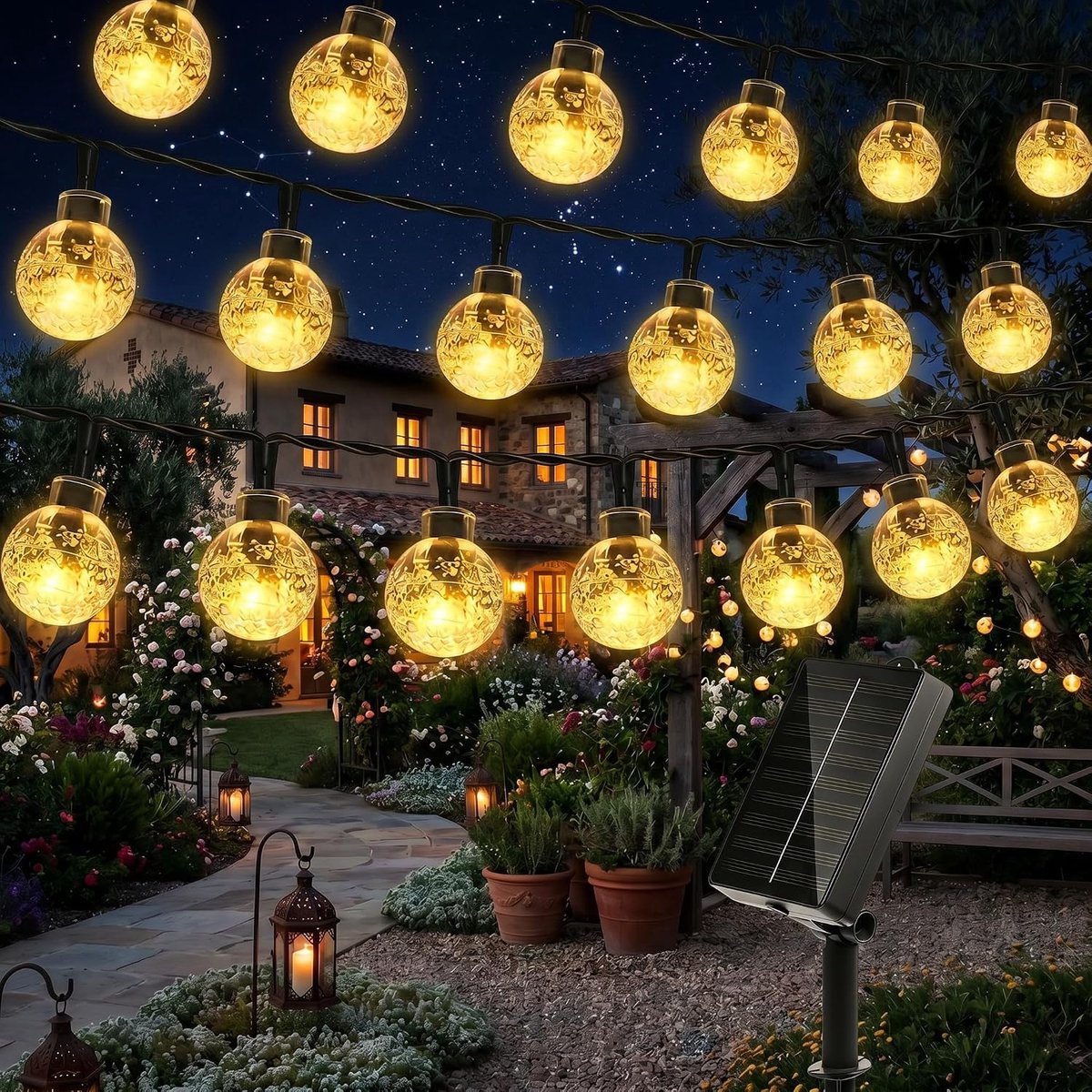 SnelShoppen - Lichtsnoer op zonne-energie 12m, waterdicht met 100 warmwitte LED's, 8 verlichtingsmodi voor tuin, balkon, terrasdecoratie