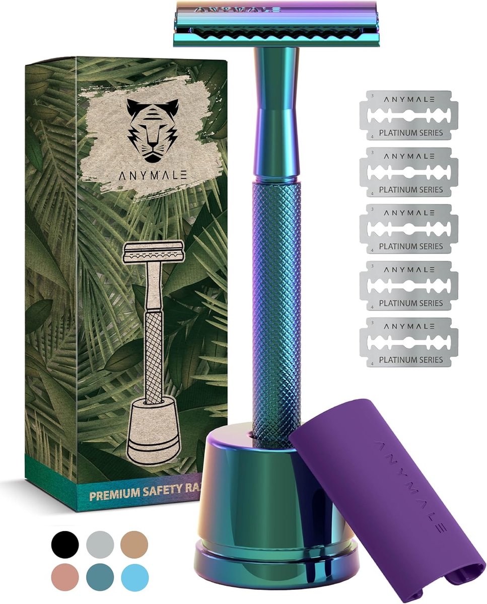 SnelShoppen - Duurzame Scheermes voor Mannen en Vrouwen (Rainbow Edition) met 5 Vervangbladen en Houder, Waterdicht en Zero Waste Scheermes