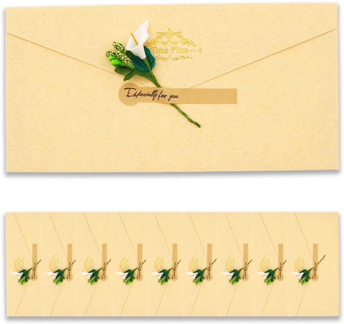 SnelShoppen - 10 Vintage Kraft Paper Envelopes met Witte Greeting Cards, Gedroogde Bloemen en Stickers voor Feesten, Bruiloften, Kerst, Uitnodigingen,