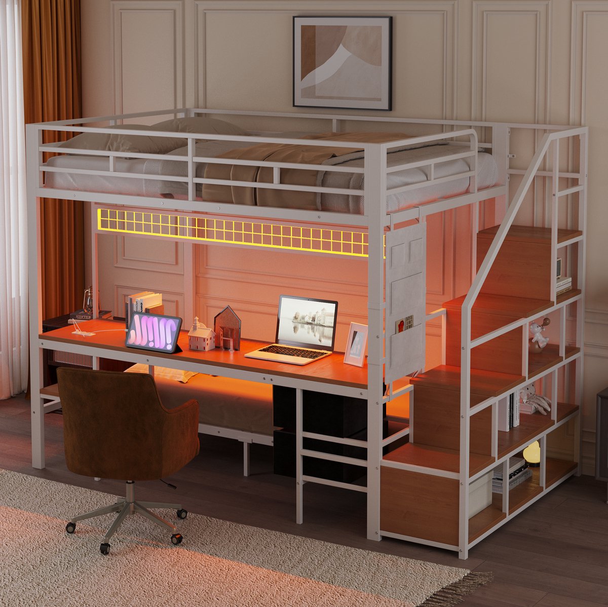 COVREO Metalen hoogslaper 140x200 en 90x200 cm - met bureau, LED, stopcontacten en opbergruimte