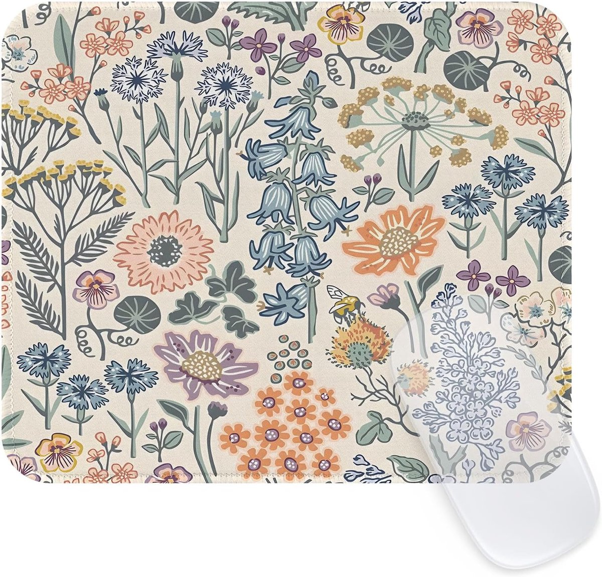 SnelShoppen - Vintage Vierkante Bloemen Muismat met Gestikte Rand, Kleine Patroon Muismat voor Meisjes, Boho Waterdichte Computer Muismat met Antislip