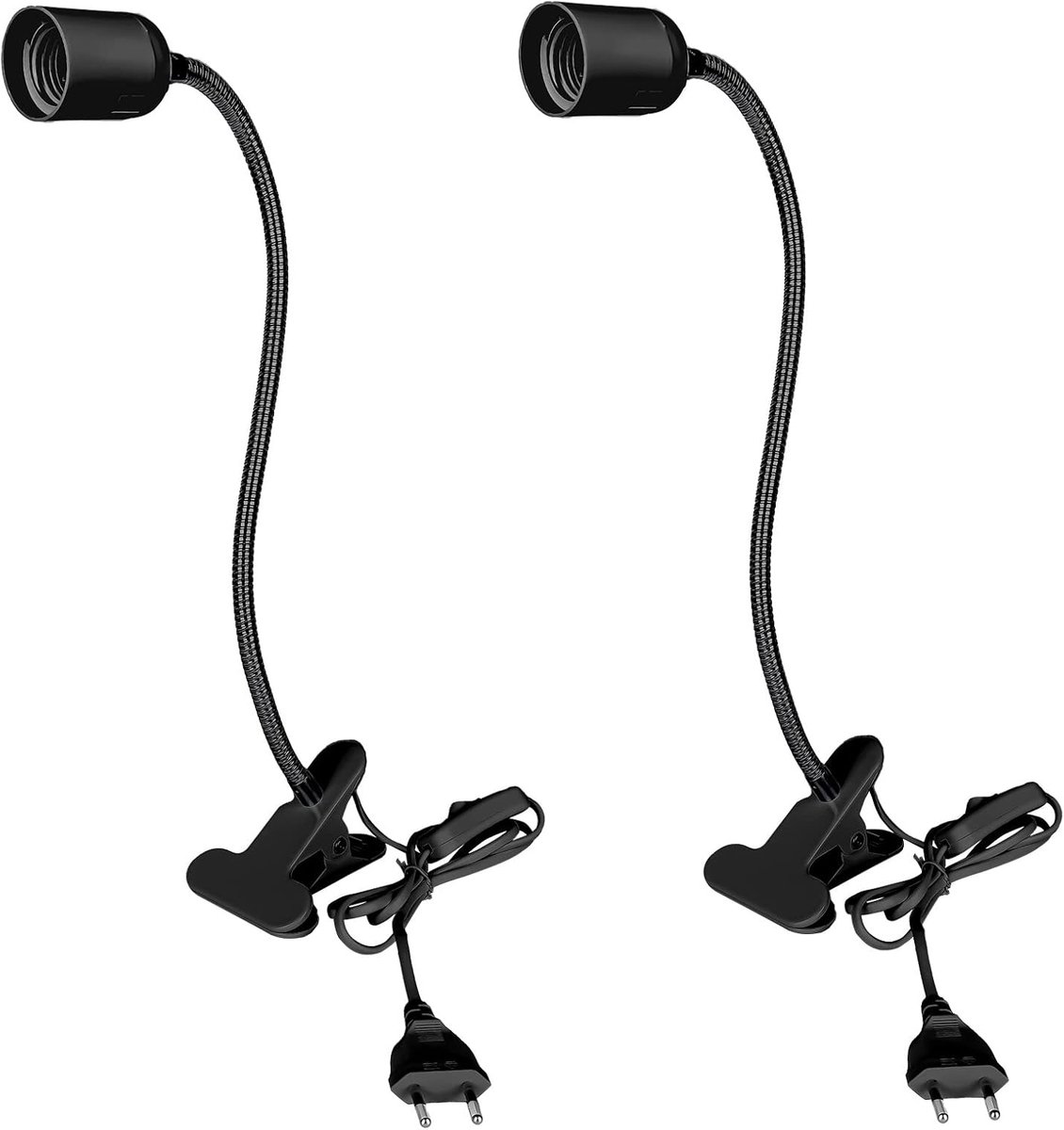 SnelShoppen - E27 Lampenhouder met Klem - 2 Stuks - Verstelbare Gooseneck - 360° - Lange Kabel met Schakelaar en Stekker - Zwart - Voor Thuis, Werkpla