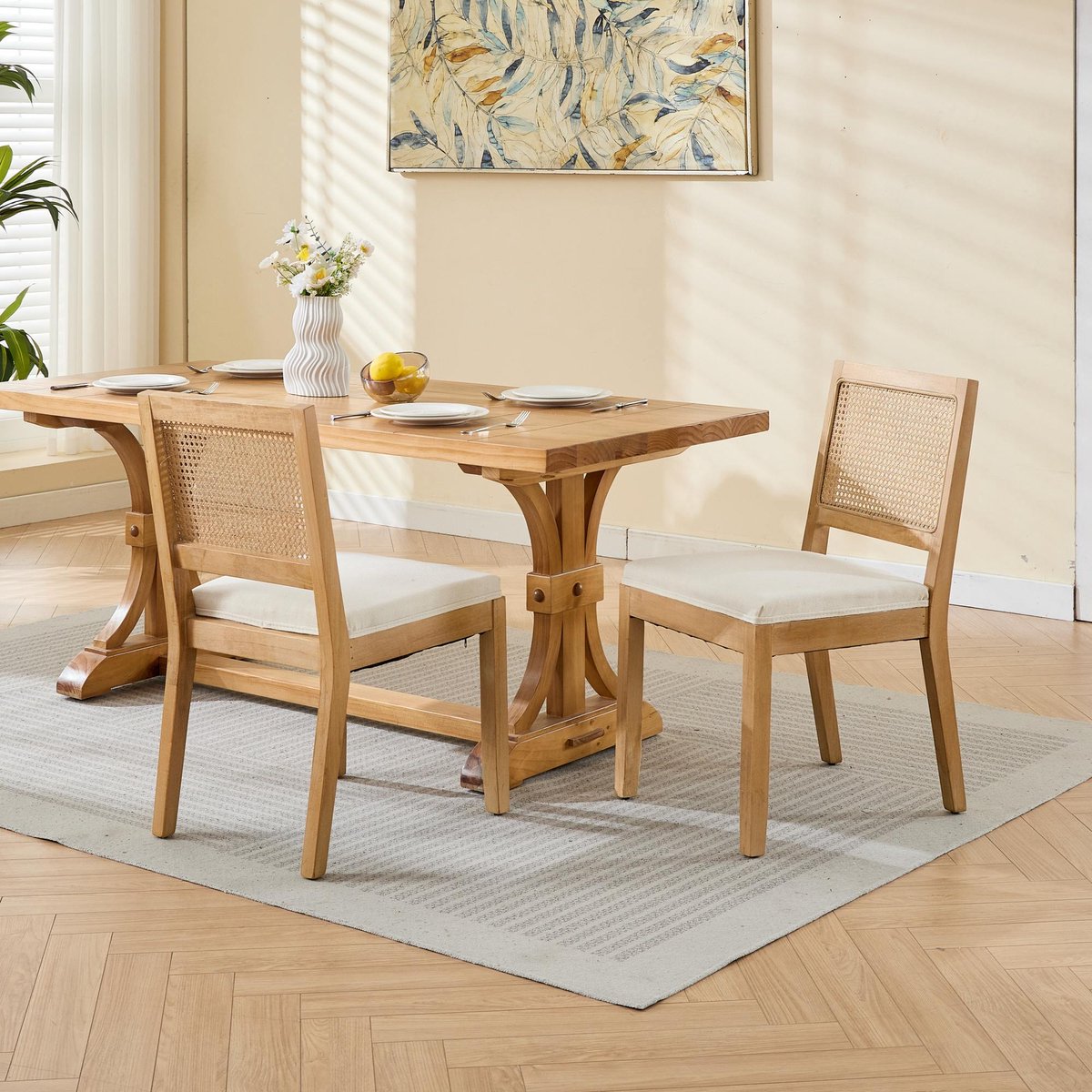 Eetkamerstoel Set van 2 - Rotan Rugleuning En Linnen Zitting - Houten Frame - Voor Keuken, Eetkamer En Woonkamer - Beige