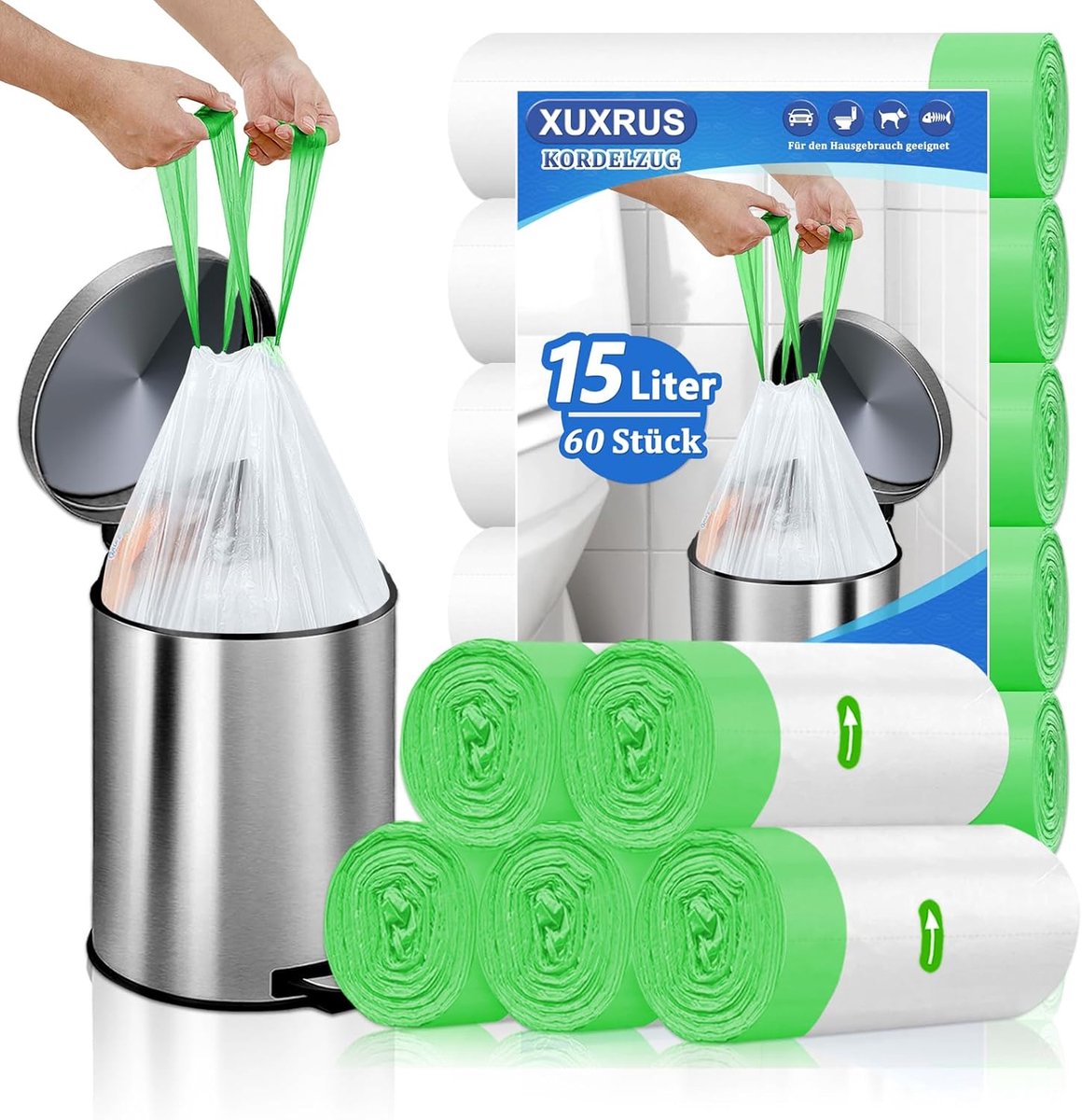 SnelShoppen - 15 Litre Vuilniszakken met Touwtje - 60 Stuks Witte Afvalzakken met Draaghandvat - Sterke 15L Afvalzakken voor Keuken, Tuin en Feesten