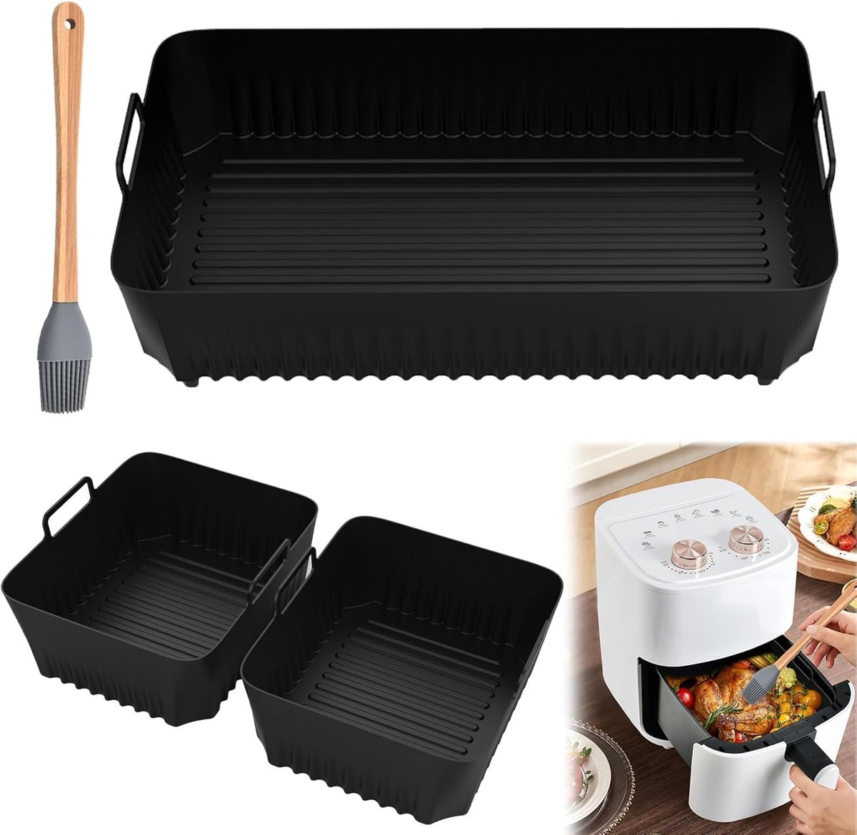 SnelShoppen - 3 Stuks Silicone Bakvorm Air Fryer - 10.4L/5.2L Silicone Mand voor Air Fryer - Non-Stick Silicone Bakmand - Inclusief Silicone Kwast - K