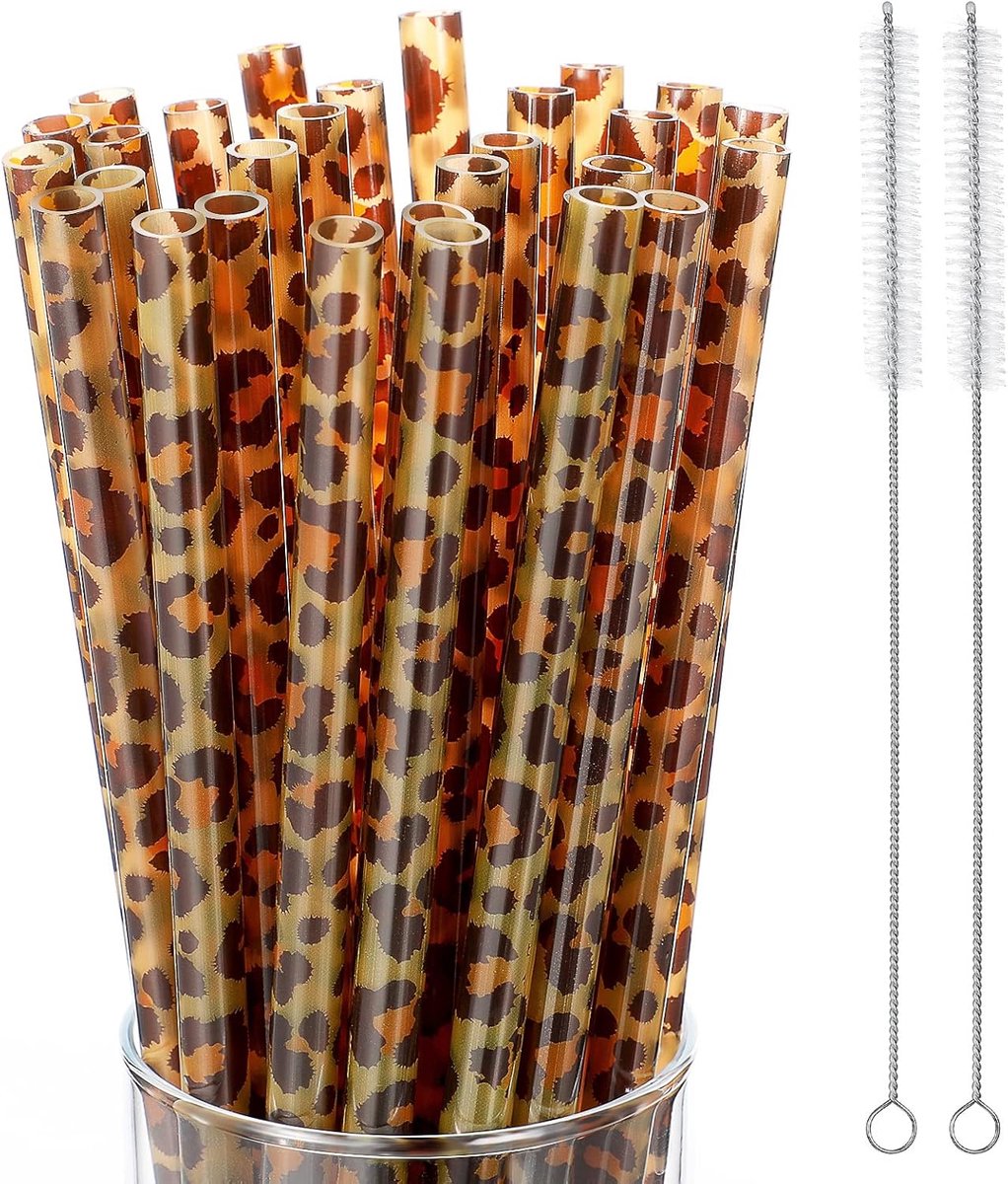 SnelShoppen - 50 Herbruikbare Plastic Leopard Print Rietjes met 2 Schoonmaakborstels voor Feestjes, Verjaardagen, Safari Thema, 22 cm, Kleurrijk, Part