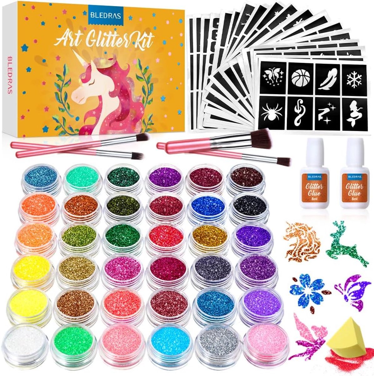 SnelShoppen - Glitter Tattoo Set voor Kinderen en Volwassenen - 36 Stuks - Inclusief 178 Unieke Stencils, 2 Lijmen, 4 Kwasten en 1 Spons - Perfect voo