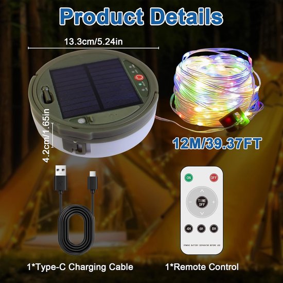 SnelShoppen - 12m Solar Camping Lichten met Afstandsbediening - 120 LED Fairy Lights - Oplaadbaar, USB, 8 Verlichtingsmodi - Buiten, Kerst, Camping, T — afbeelding 2
