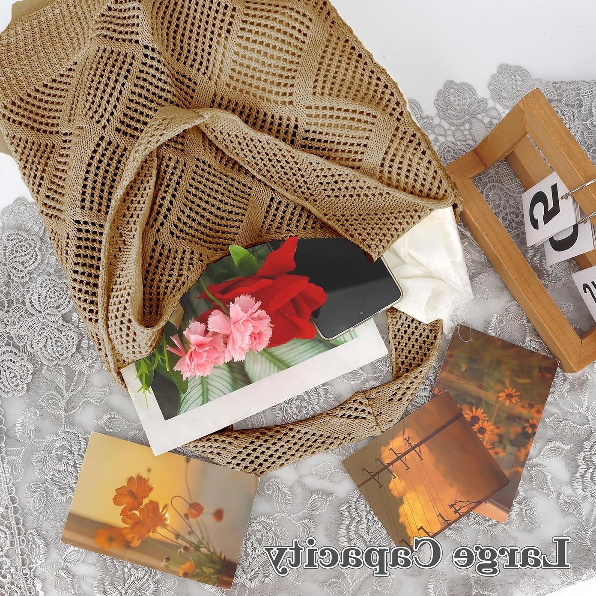 Grote Gehaakte Strandtas met Net, Ideaal voor Vakantie, Boho Stijl, Ruime Tote Bag voor Zomeractiviteiten en Stranduitjes