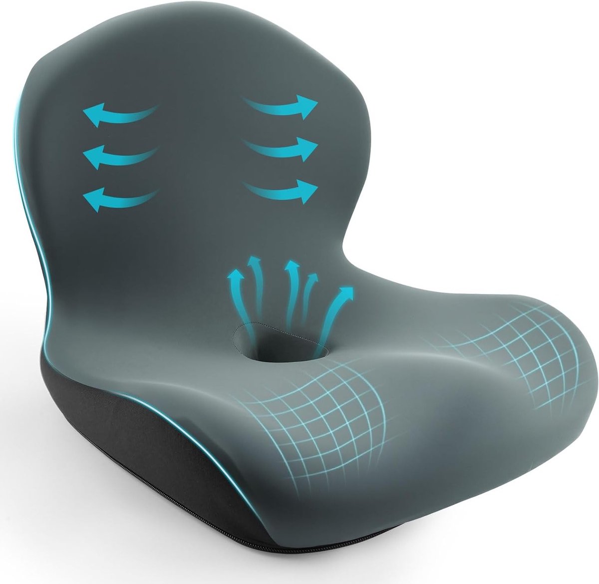 Geheugenfoam zit- en rugkussen met L-vormige ondersteuning, ideaal voor rug- en stuitpijn, antislip onderkant voor extra stabiliteit