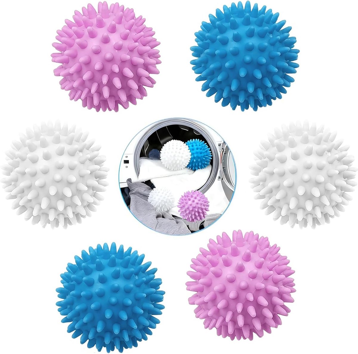 Herbruikbare Wasballen Set van 6 voor Wasmachine en Droger, Vervangend voor Wasverzachter, Sneller Drogen en Anti-Pilling voor Kleding en Donsjassen