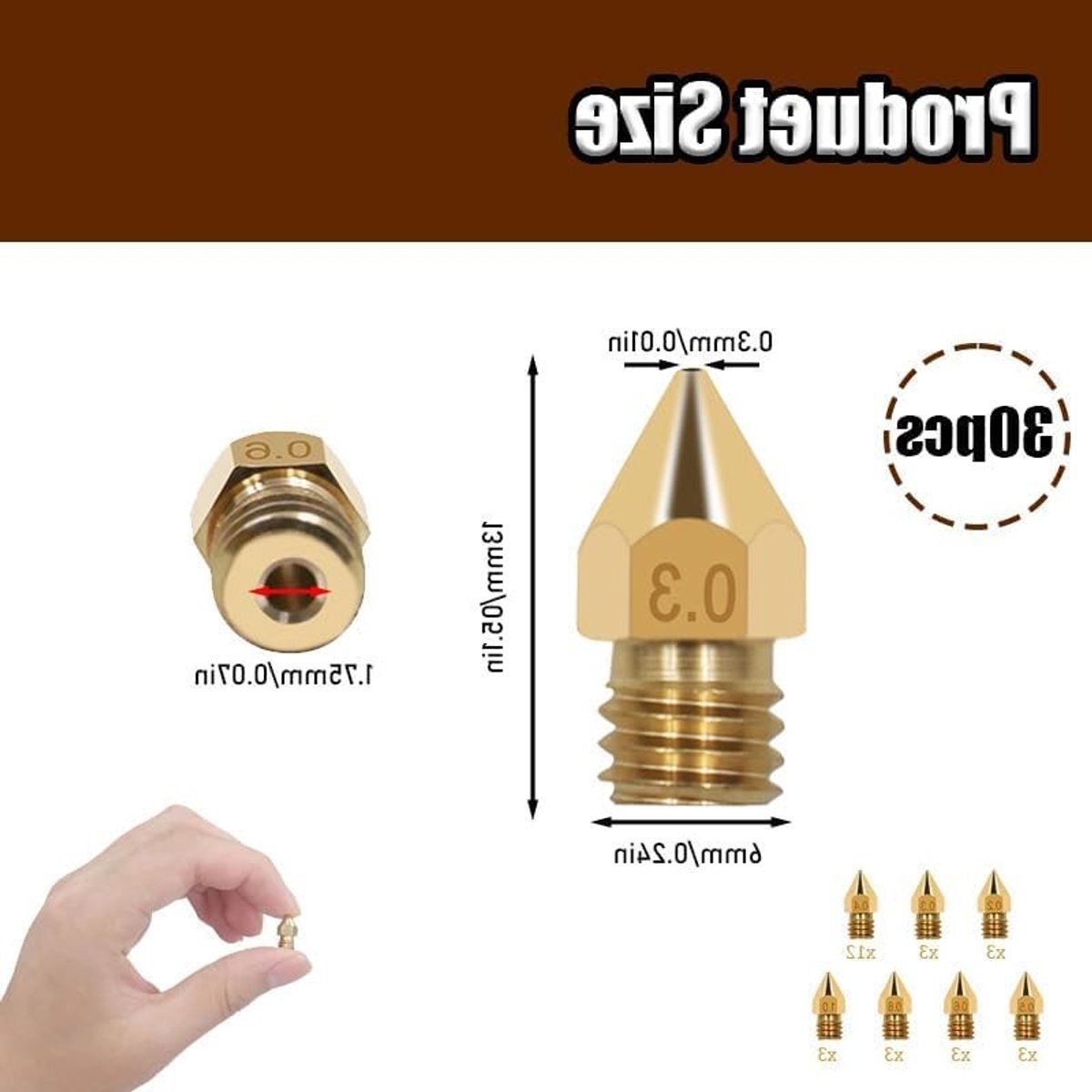 Set van 30 messing spuitmonden voor 3D-printers, inclusief diverse maten van 0.2 mm tot 1 mm, ideaal voor 1.75 mm filament en precisiewerk