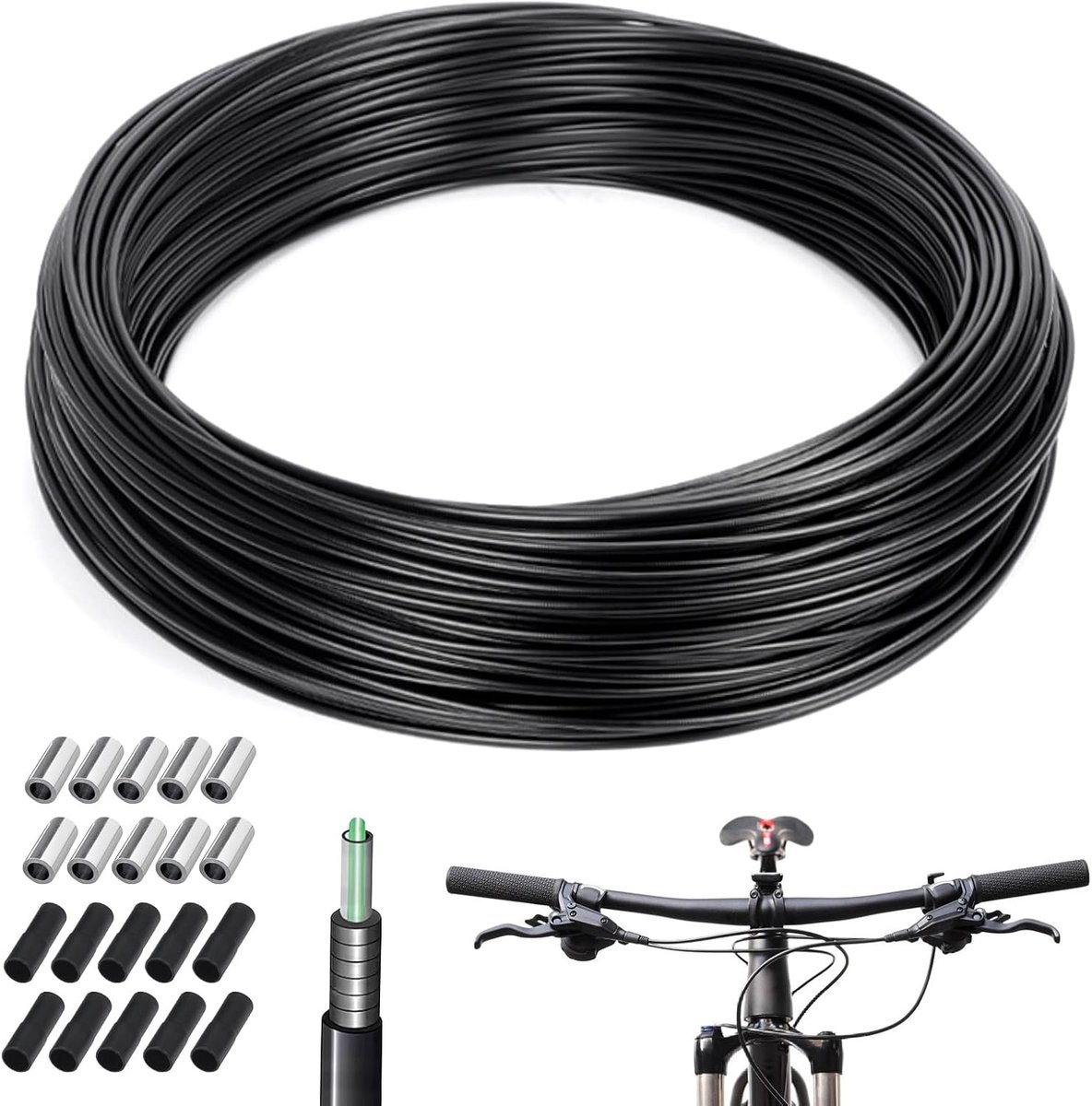 SnelShoppen - Bicycle Brake Cable Set 10m - Ø5mm Fietsremkabel met Buitenhoes en Eindkappen - Voor Mountainbike en Racefiets - Zwart