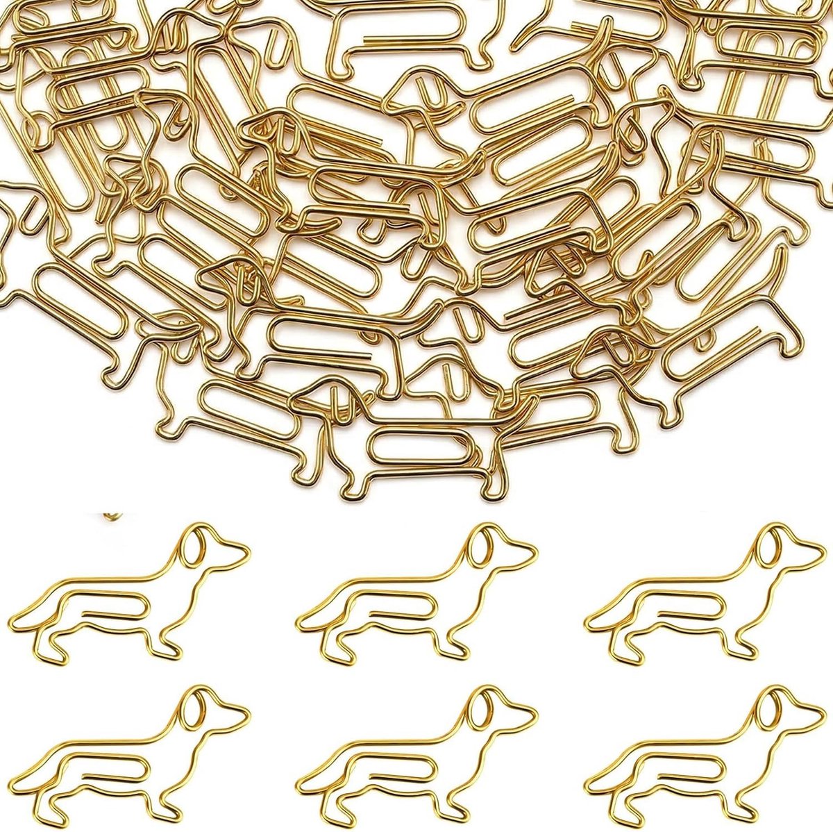 SnelShoppen - 50 Gouden Teckelvormige Paperclips - Schattige Metalen Bladwijzers en Papierbevestigingsmiddelen - Decoratieve Kantoor- en Schoolclips v