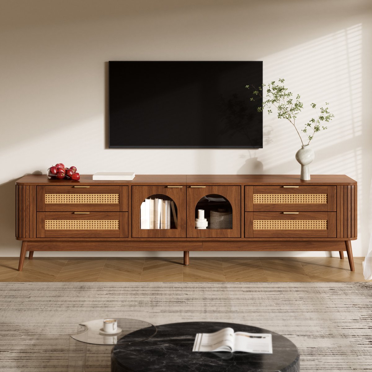 PHOEBE CAT TV-kast - Glazen deuren - LED-verlichting - Spaanplaat - Houten poten - 4 lades - Walnootkleur