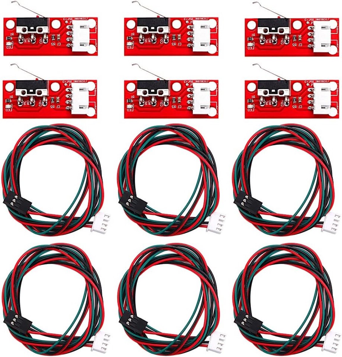 6 Stuks Mechanische Eindstop Schakelaar voor 3D-printer, Compatibel met Arduino Mega 2560 en RAMPS 1.4, Inclusief Kabels en Aansluitingen