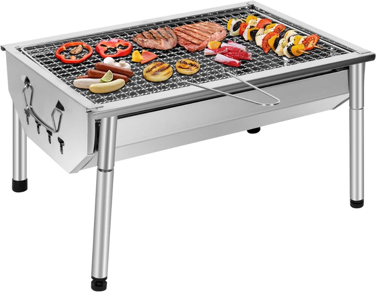 KIRA® Tafel Bbq Houtskool - Draagbare kampeerbarbecue - Roestvrij Staal - Zilver - 28cm x 40cm x 22cm