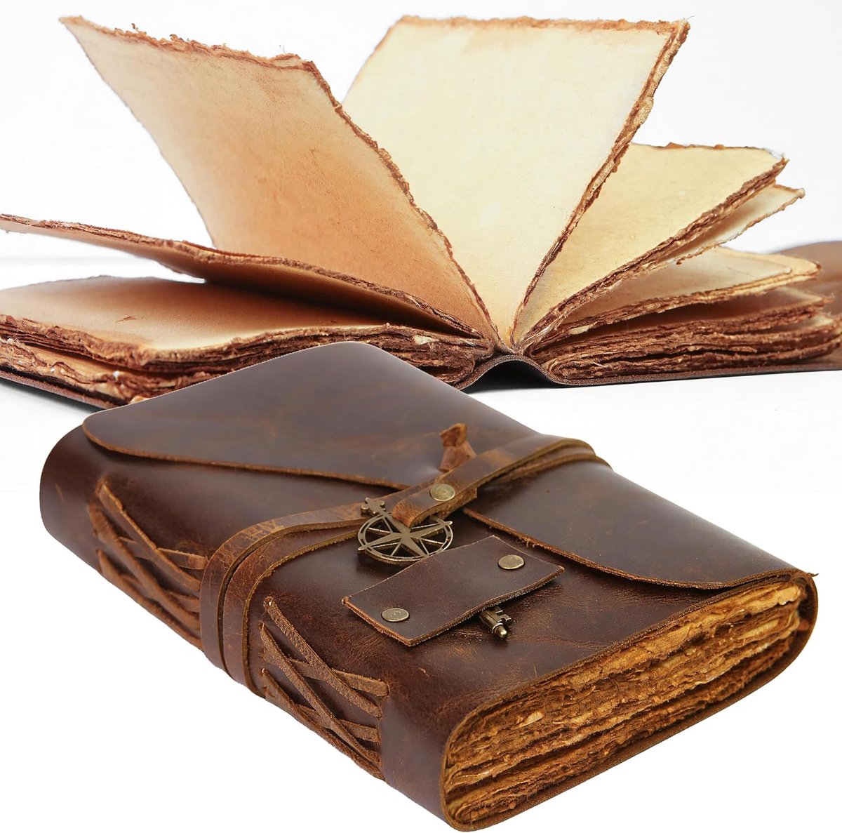 SnelShoppen - Vintage Leren Notitieboek 18x13 cm - Handgemaakt Antiek Notitieboek met Randpapier - Ideaal voor Dagboek, Schrijven, Grimoire en Schetse
