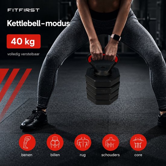 Vrouw met kettlebell van 40 kg, zwarte en rode kleuren.