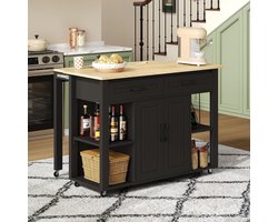 Bladez Extendable Mobile Kitchen Island with Bar and Sockets, Kitchen Trolley with 2 Drawers, 2 Cabinet Doors with Door Shelves, Roll-Up for Kitchen and Dining Room (Black 3 + Natural)