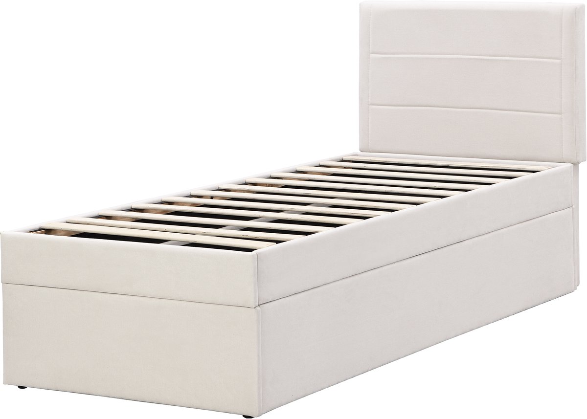 COVREO Bed 90x200 cm beige, opbergruimte, lattenbodem, zonder matras