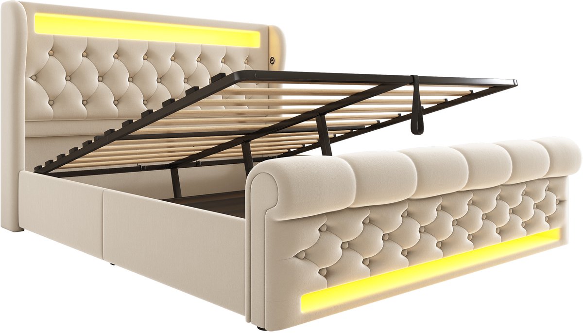 COVREO Bed met LED en laadstation – 140x200 cm – Gestoffeerd frame met opbergruimte – USB en Type-C – Beige - met matras