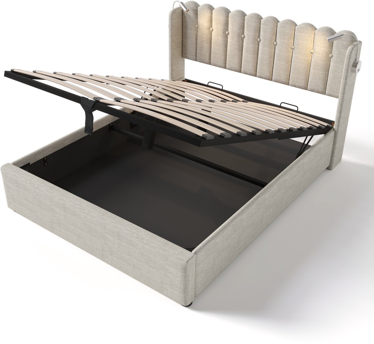 Dit tweepersoonsbed is voorzien van een leeslampje, oplaadfunctie, hoofdeinde, opbergruimte, bedframe en linnen bekleding. De afmetingen zijn 140 x 200 mm. Het bedframe is lattenbodem en de bekleding is naturel van kleur (matras niet inbegrepen).