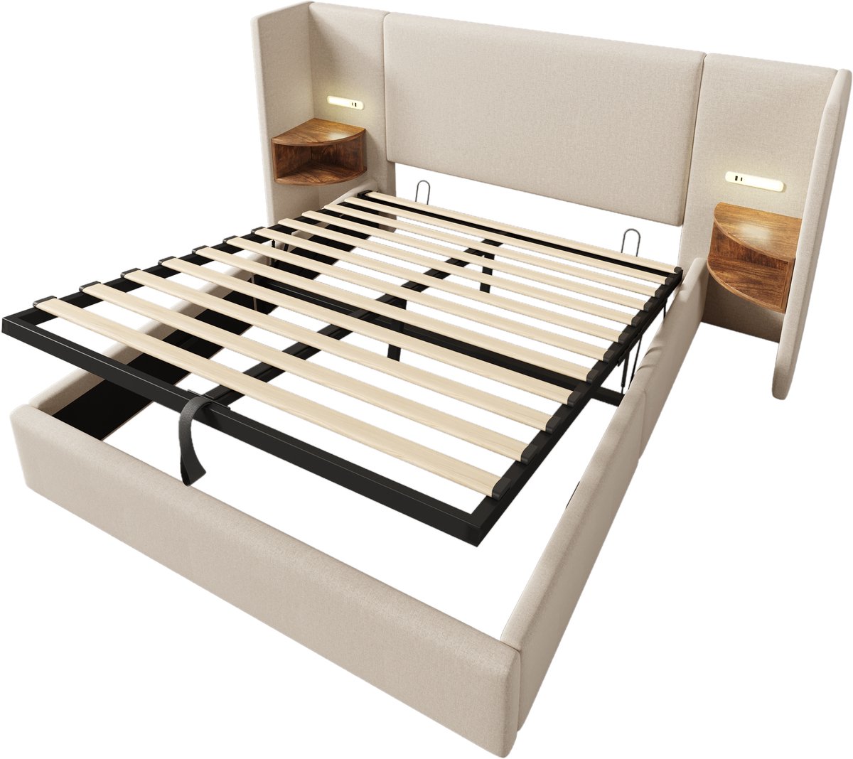 COVREO bedframe 160x200 cm - met opbergruimte, leeslamp, USB-C en beige stof