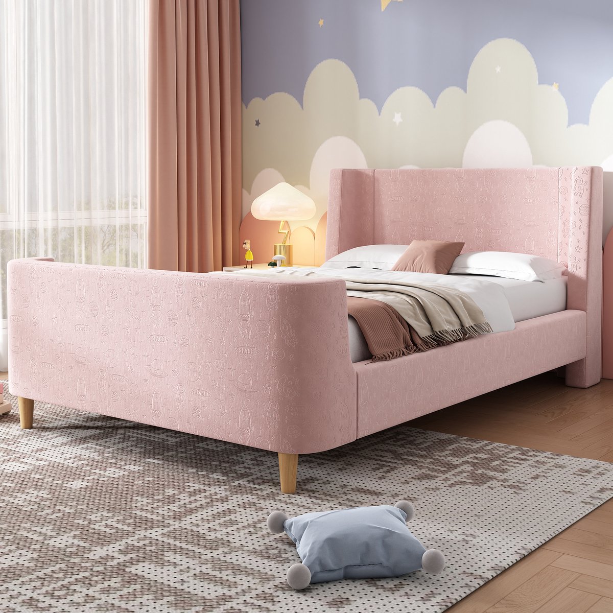 COVREO Kinderbed Polsterbed, Einzelslaperbed met kosmisch patroon, 90 x 200 cm, voor jongens & meisjes, roze, velours Pink
