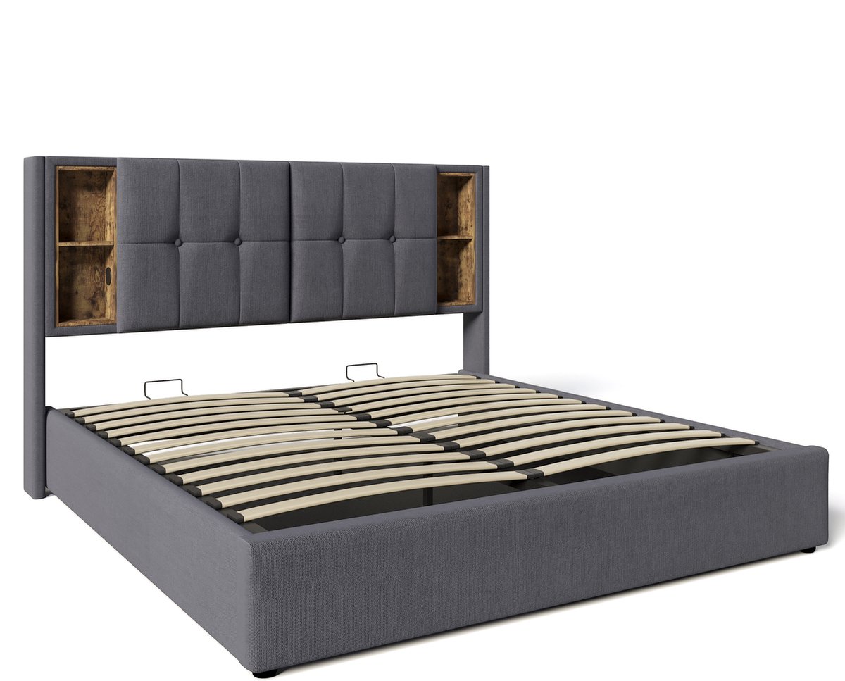 COVREO Bedframe 180x200 cm grijs, stof, opbergruimte, zonder matras
