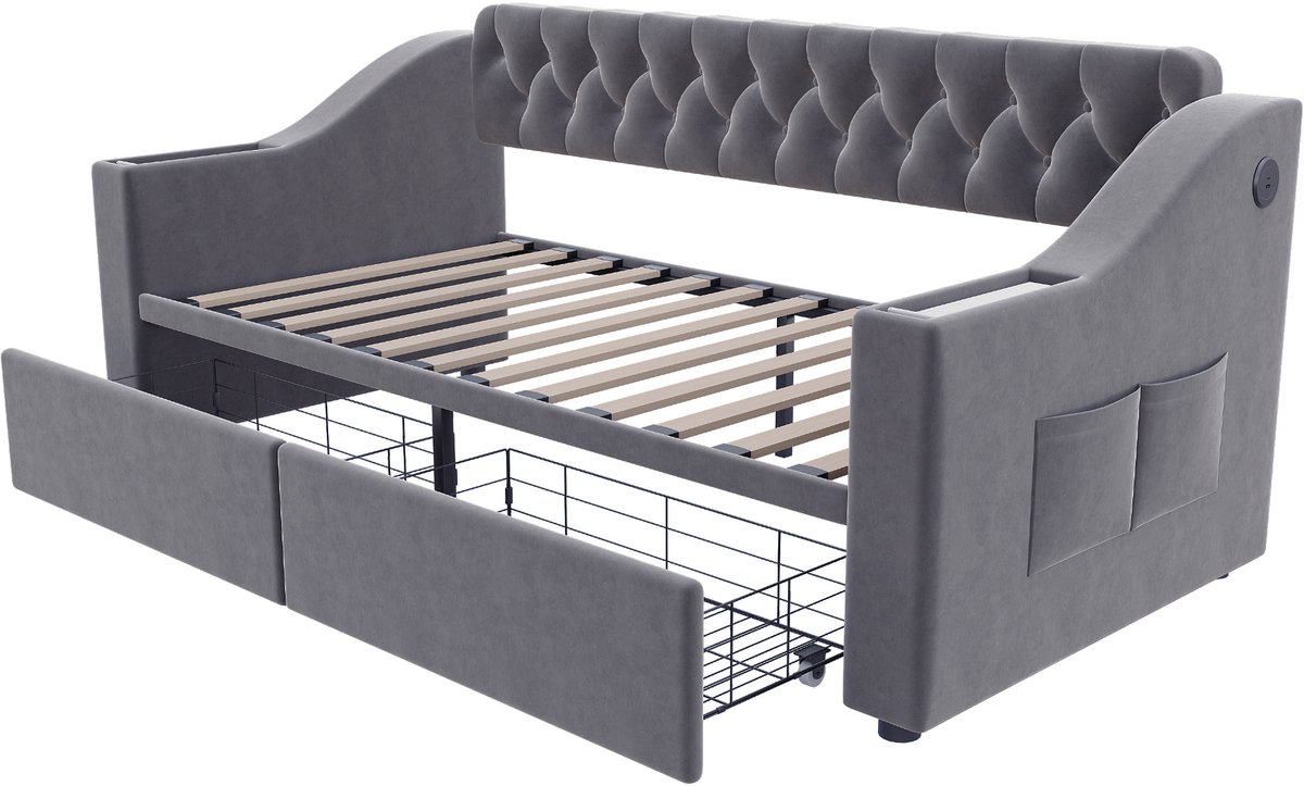 COVREO Slaapbank met USB – 90x190 cm – Bedbank met 2 lades – Eenpersoonsbed met opbergruimte – Grijs - zonder matras Donkergrijs