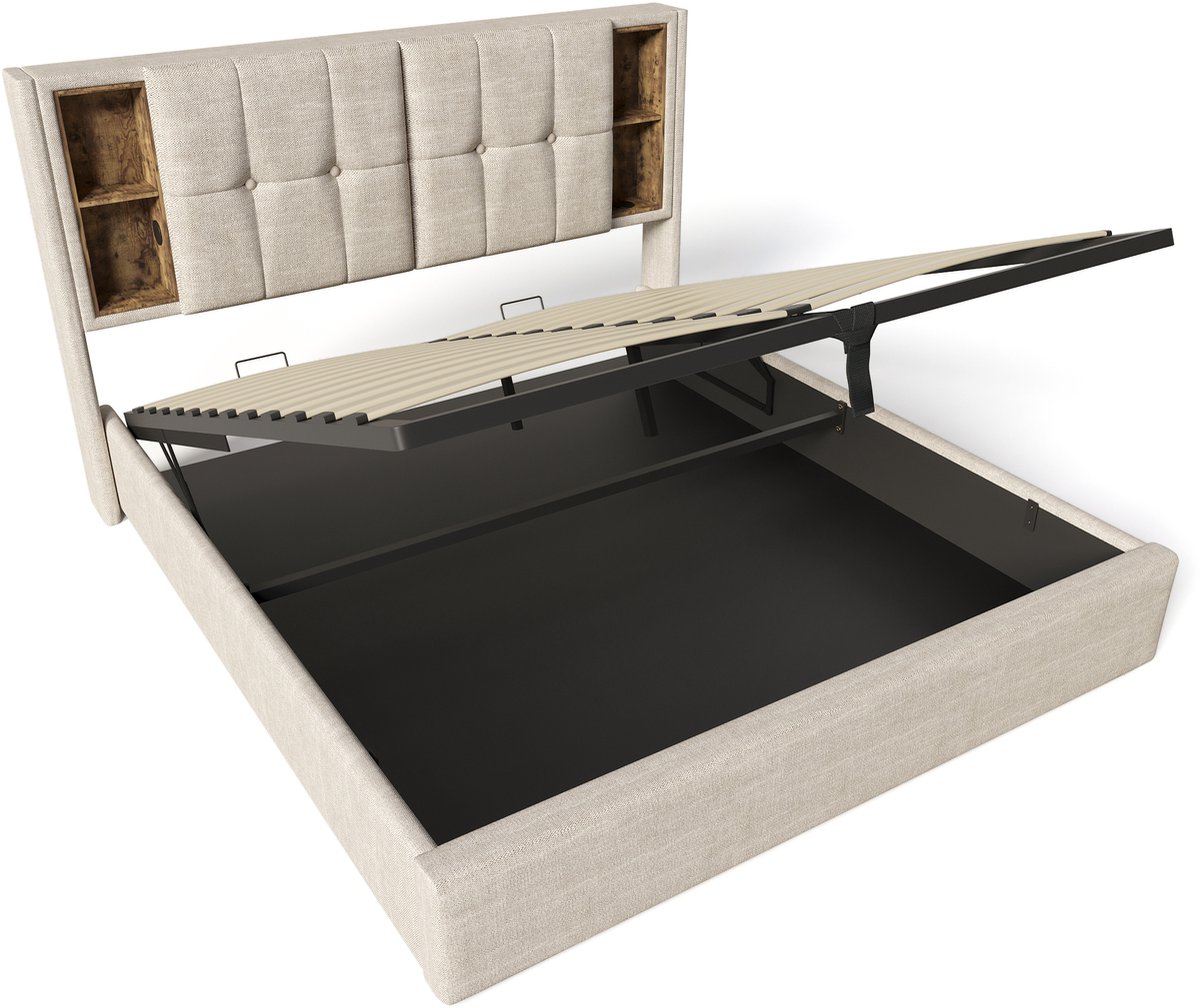 Tweepersoonsbed met draadloze USB-C-oplaadmogelijkheid, gestoffeerd bedframe van 160x200 cm, inclusief opbergruimte, lattenbodem - natuurlijke linnen stof.