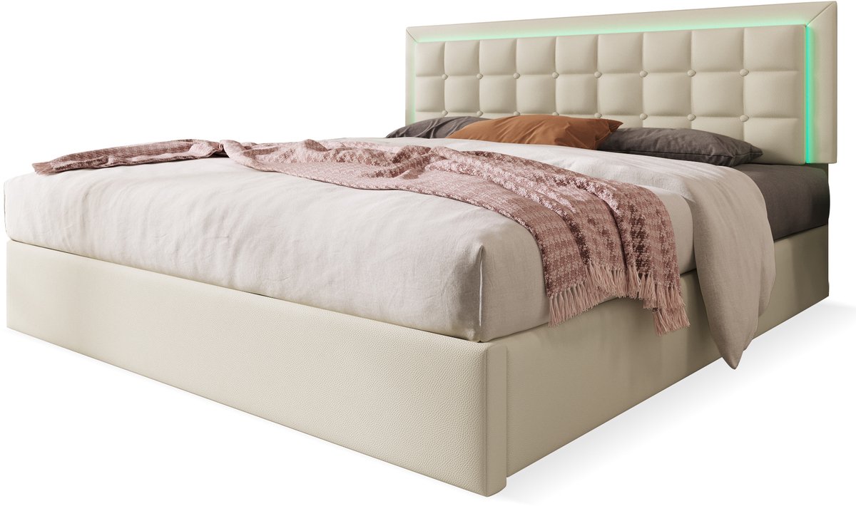 Gestoffeerd tweepersoonsbed met opbergruimte, inclusief led-lichtstrip, bedframe afmetingen 180x200 cm, volledig functioneel, witte kunstleren sprei.