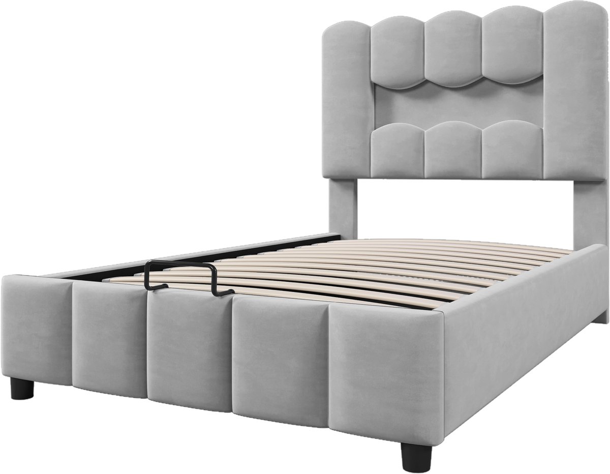 COVREO Bed met hydraulische opbergruimte – 203x90x109 cm – Eenpersoonsbed met verstelbaar hoofdeinde – met LED-verlichting – Grijs - zonder matras