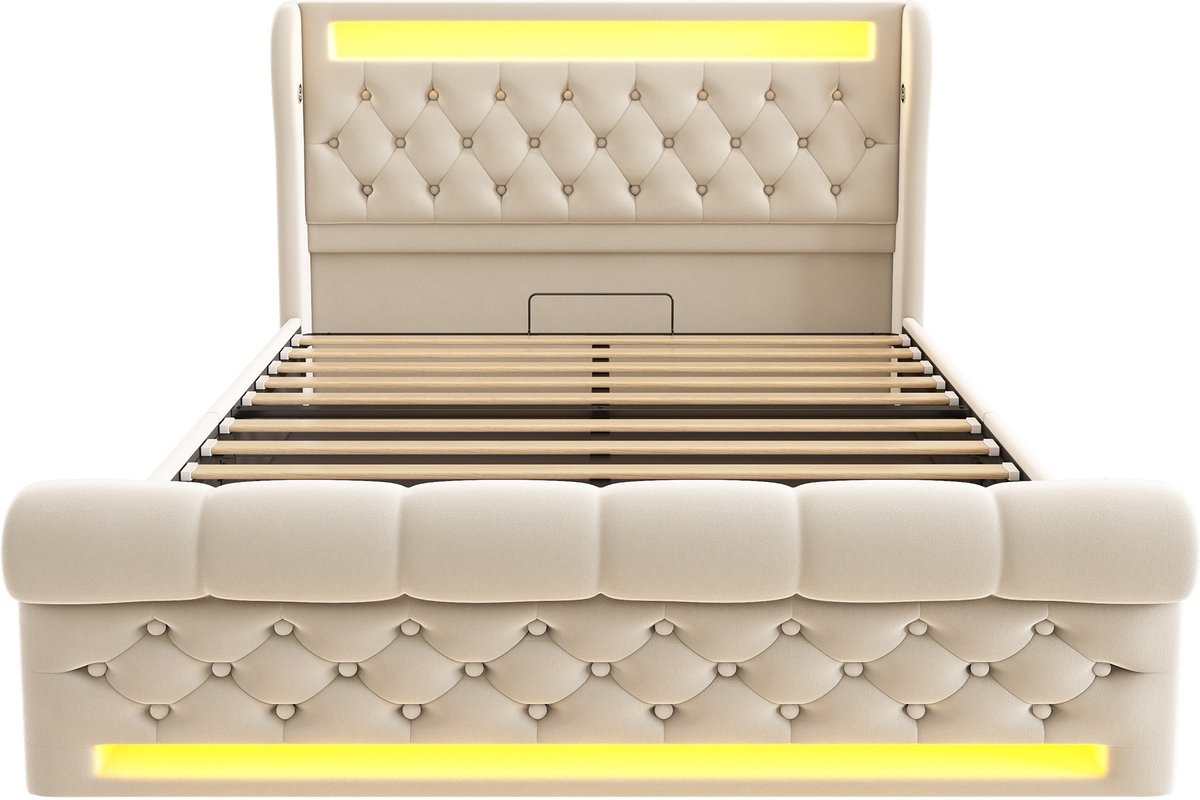 COVREO Bedframe met opbergruimte en LED – 140x190 cm – Tweepersoonsbed van stof en metaal – voor volwassenen – Beige - zonder matras