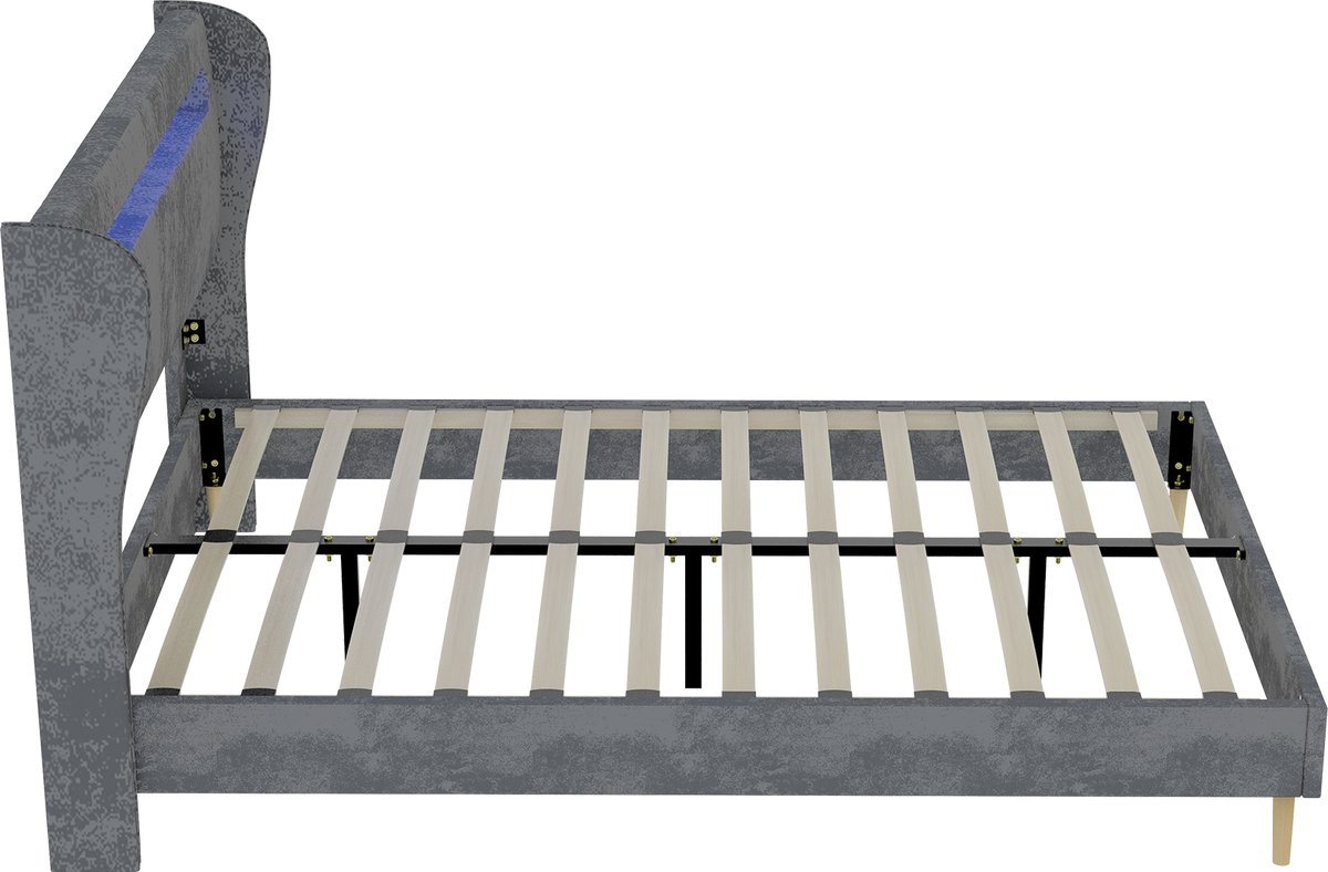 COVREO Modern minimalistisch gestoffeerd bed met geïntegreerd hoofdbord met zachte LED-verlichting, 160x200 cm, grijs, multifunctioneel slaapkamermeubel, laag bedframe zonder opbergruimte (geen gasvering), matras niet inbegrepen. Gris