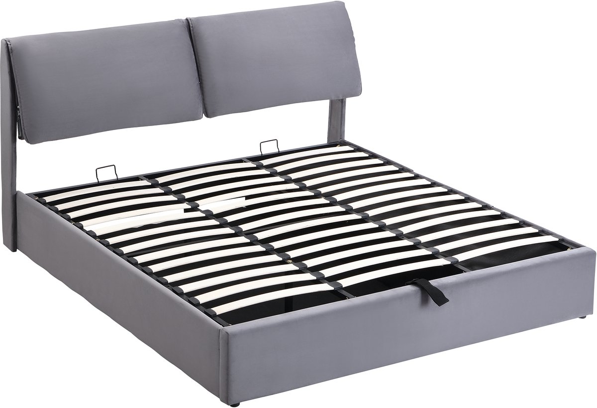 COVREO Bed 160x200 cm - grijs fluweel, met opbergruimte, 3 lades, lattenbodem en hoofdbord