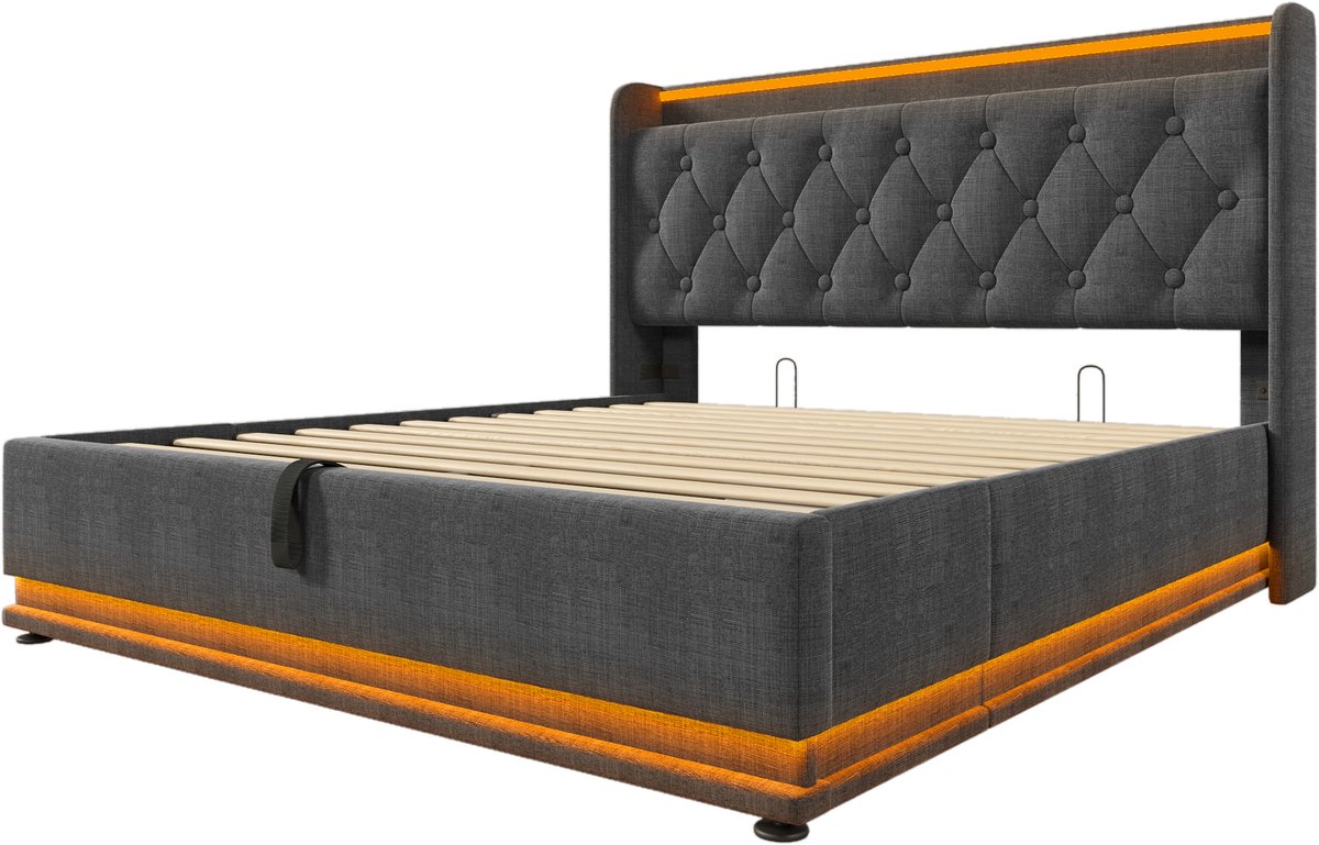 COVREO Bed met LED-verlichting en opbergruimte – 210x154x104 cm – Tweepersoonsbed van stof en metaal – met USB-C en lattenbodem – Grijs - zonder matras