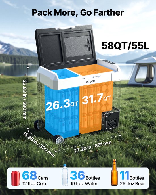 VEVOR Auto Kofferklimaatregelaar, DC 12/24V AC100-240V Compressor Elektrische Cooler, -20°C tot 20°C Truck Klimaatorgeel met APP Besturing, Riem & Dubbele Zone, 55L Auto Cooler voor RVs, Boten, Camping, Visschen van Vevor — afbeelding 4