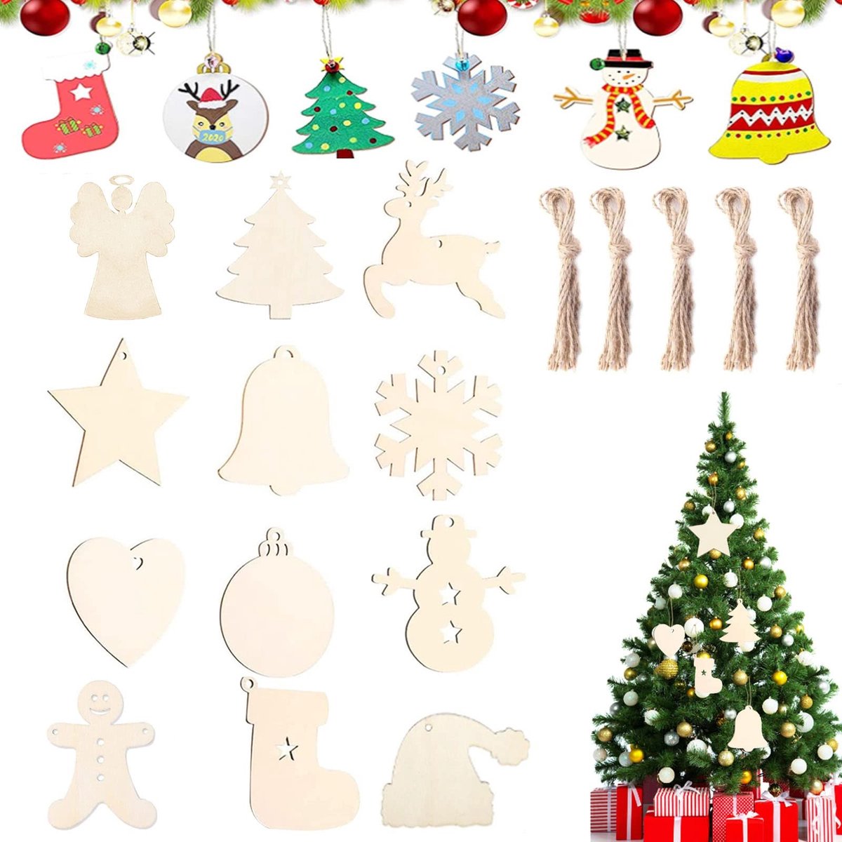 Dailygoods- Houten Hangers 86 Stuks - Kerstboomhanger - Doe-Het-Zelf Decoratie - Creatieve Activiteit - Hoogwaardige Kwaliteit - Glad Hout - Kerstdecoratie