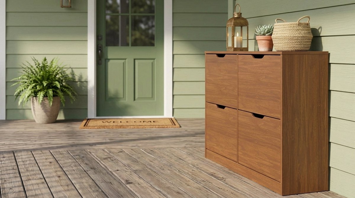 Schoenenkast met 4 Kleppen – Smalle Hal Kast 115x79x25 cm – Massief Grenenhout Kastanjebruin Gelakt – Ruimte voor ±24 Paar Schoenen – Cottage Stijl – House&Garden Basil Design