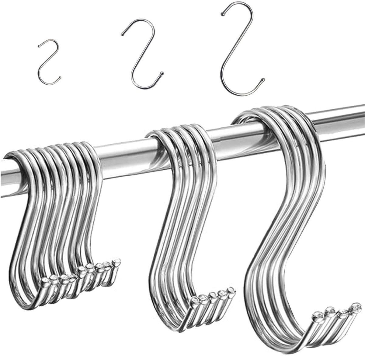 Dailygoods- S-haken 20 stuks - Roestvrij staal - 3 maten 7/9/12 cm - Veelgebruikte keukenhaken - Antislip - Compatibel met diverse woonstijlen - Ophanghaak