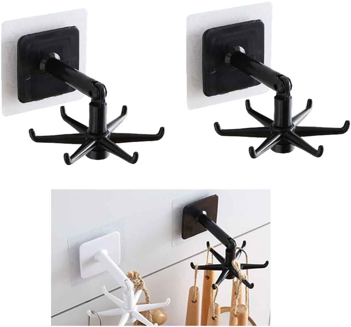 Dailygoods- Wandhaak Ruimtebesparend - Zelfklevende Haken - Onder Kast Hanger - 360° Roterende Haak - 6 Haken - Schadevrij Installeren